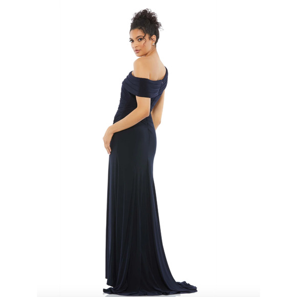 MAC DUGGAL Dress Size 8 Evening Gown Foldover Off the Shoulder Navy Blue NEW - Picture 2 of 5